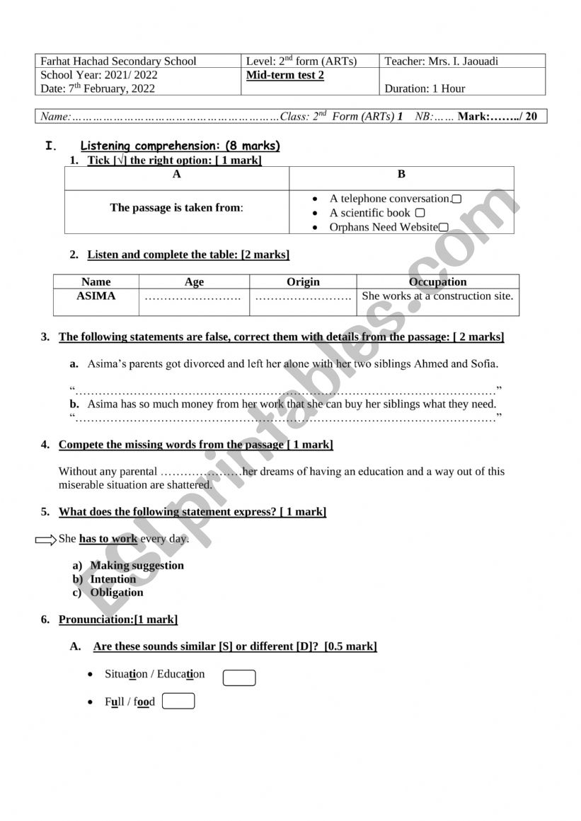 Mid-Term  English Test 2  worksheet