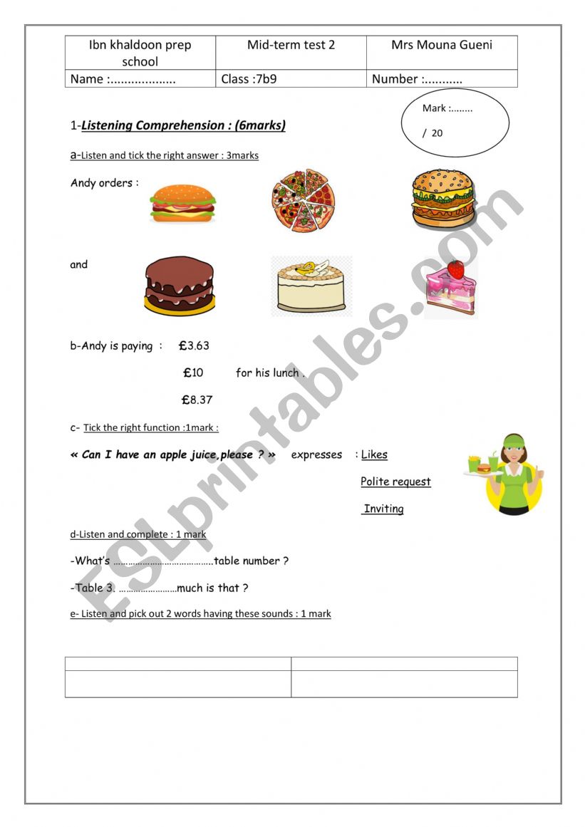 mid term test 2 for 7th forms worksheet