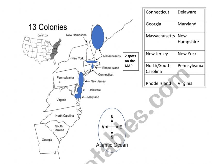 Thirteen Colonies/Fill in the Blank ESL worksheet by