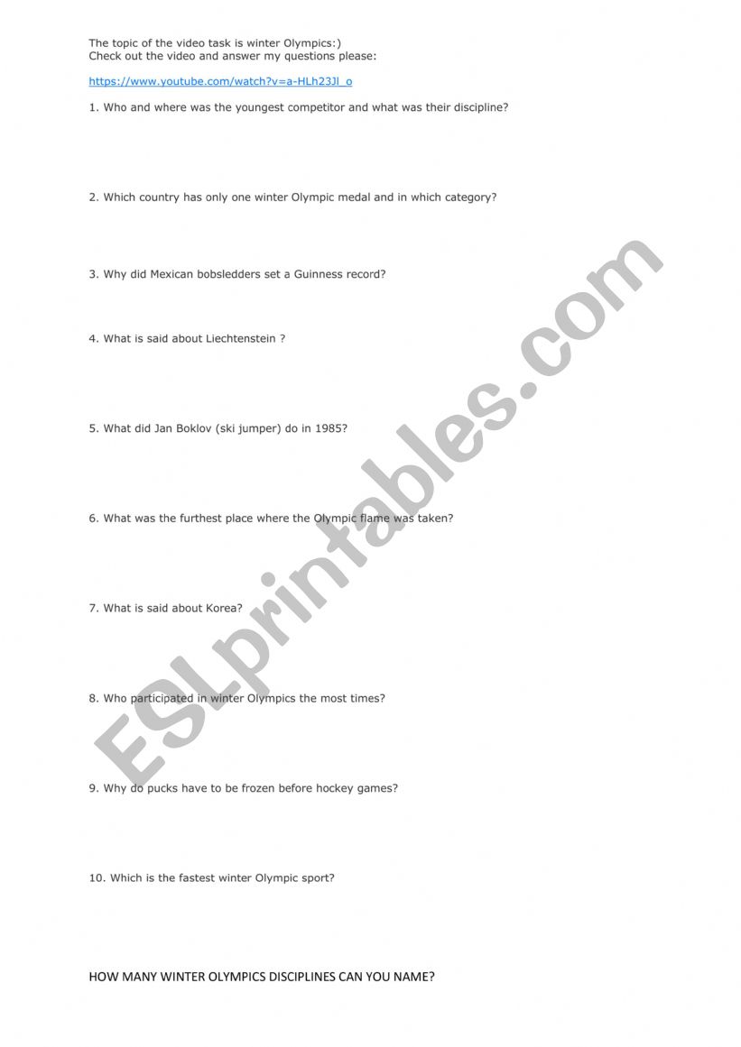 WINTER OLYMPICS VIDEO TASK  worksheet