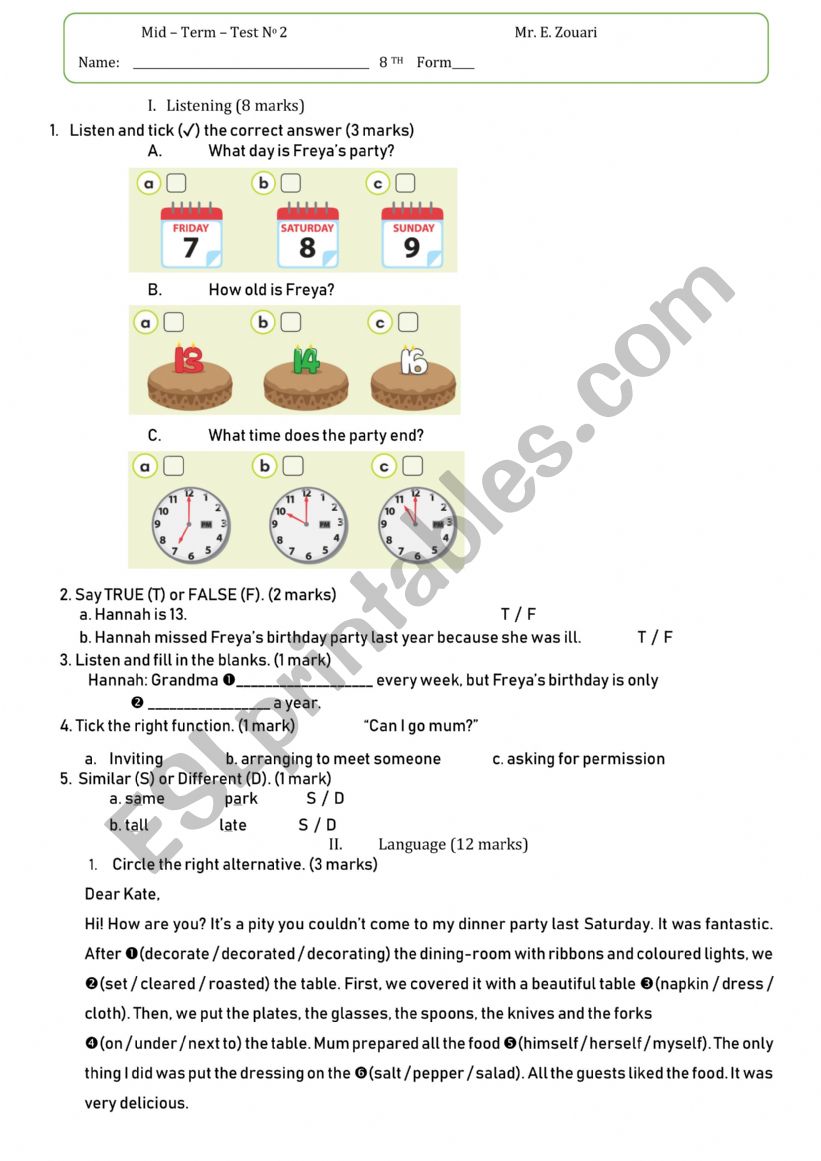 Mid Term Test 2 8th form worksheet