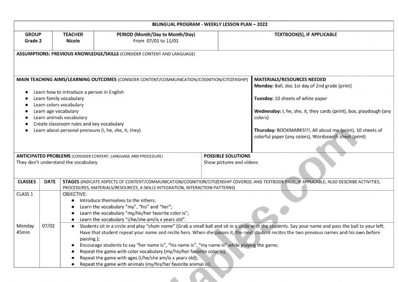 2nd grade weekly planing worksheet