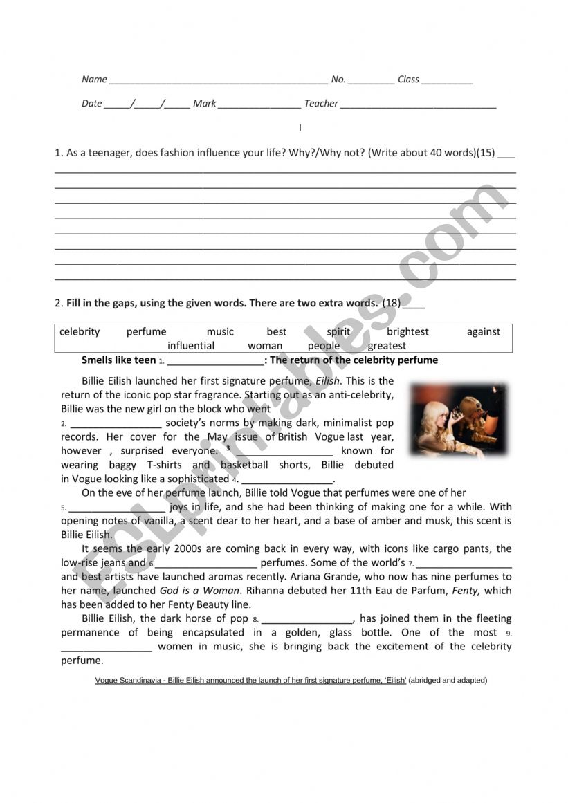 Teens� world worksheet