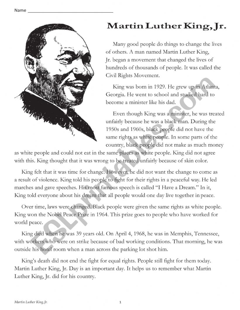 Martin Luther King Jr. - ESL worksheet by chenni0624