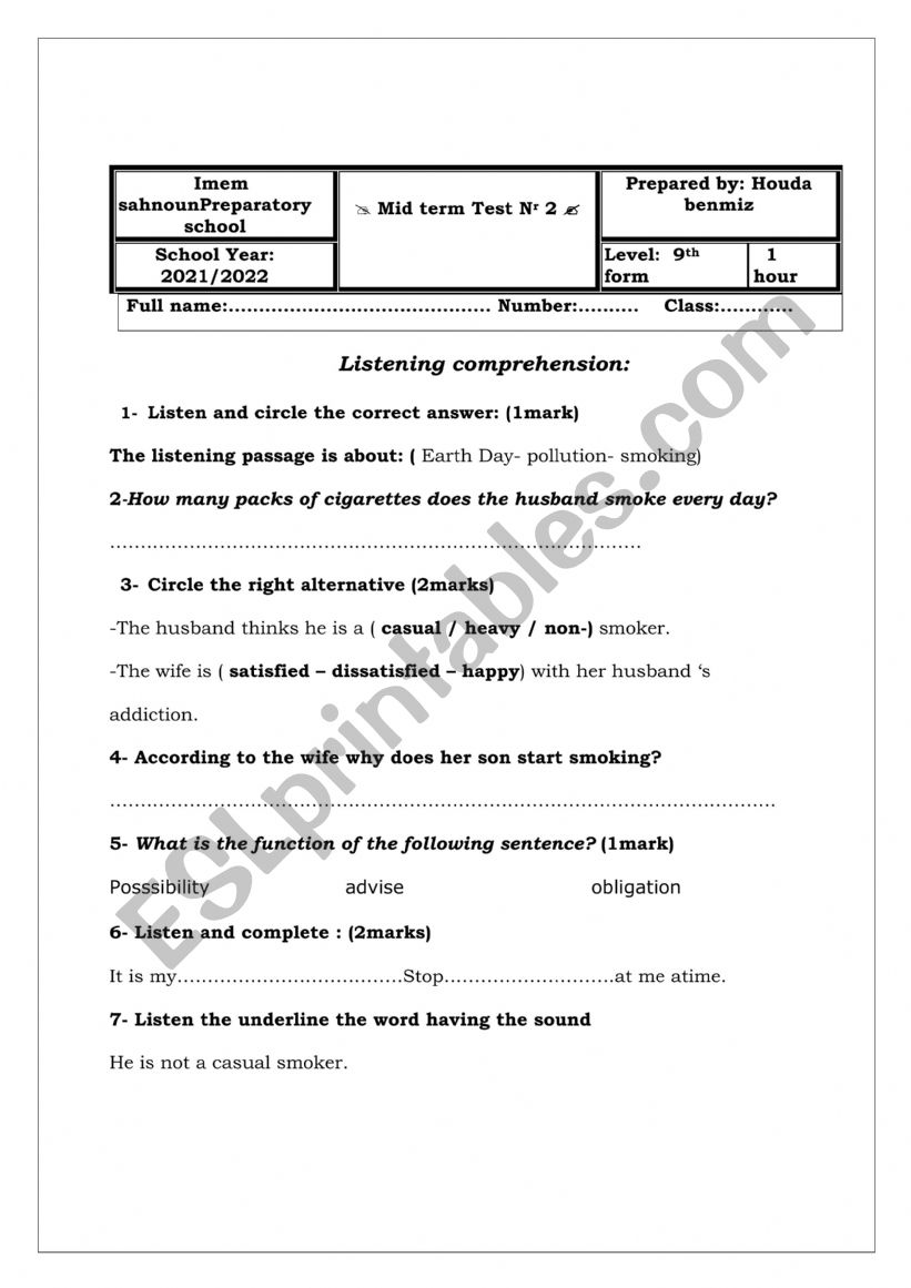 9th mid- term test 2 worksheet