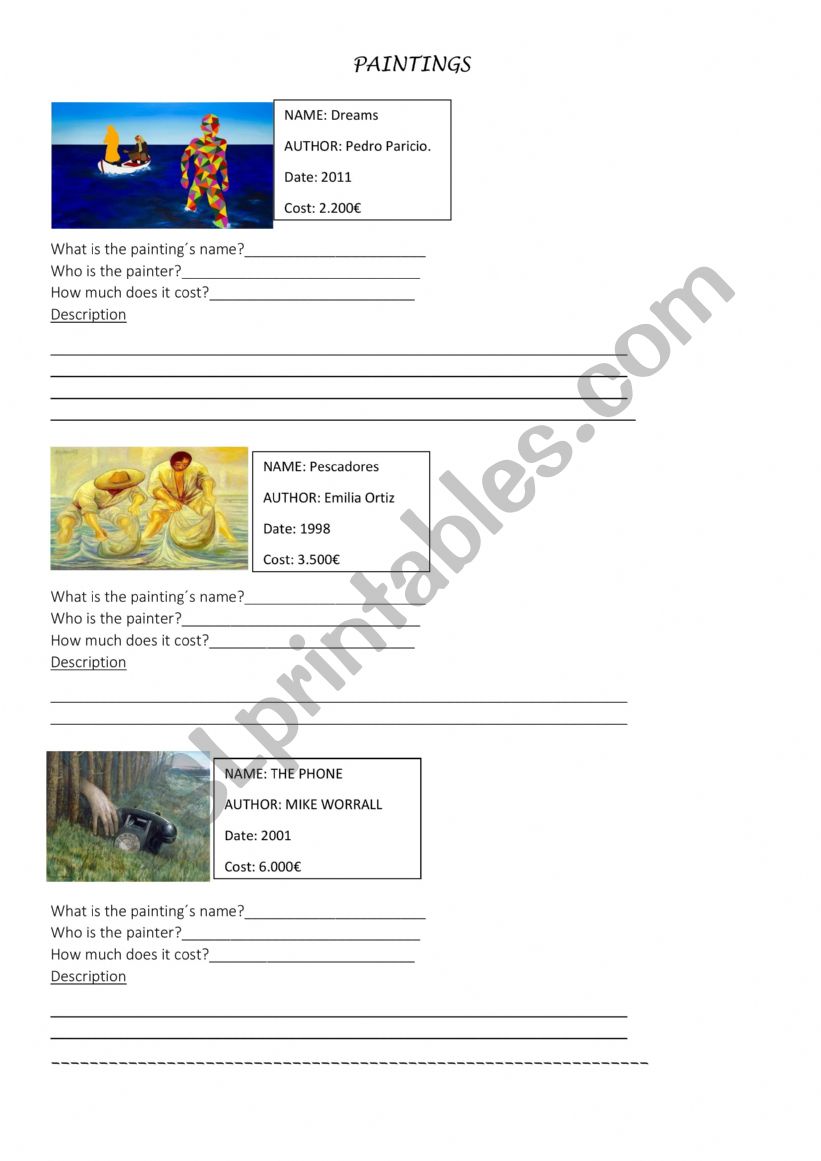 describing paintings worksheet