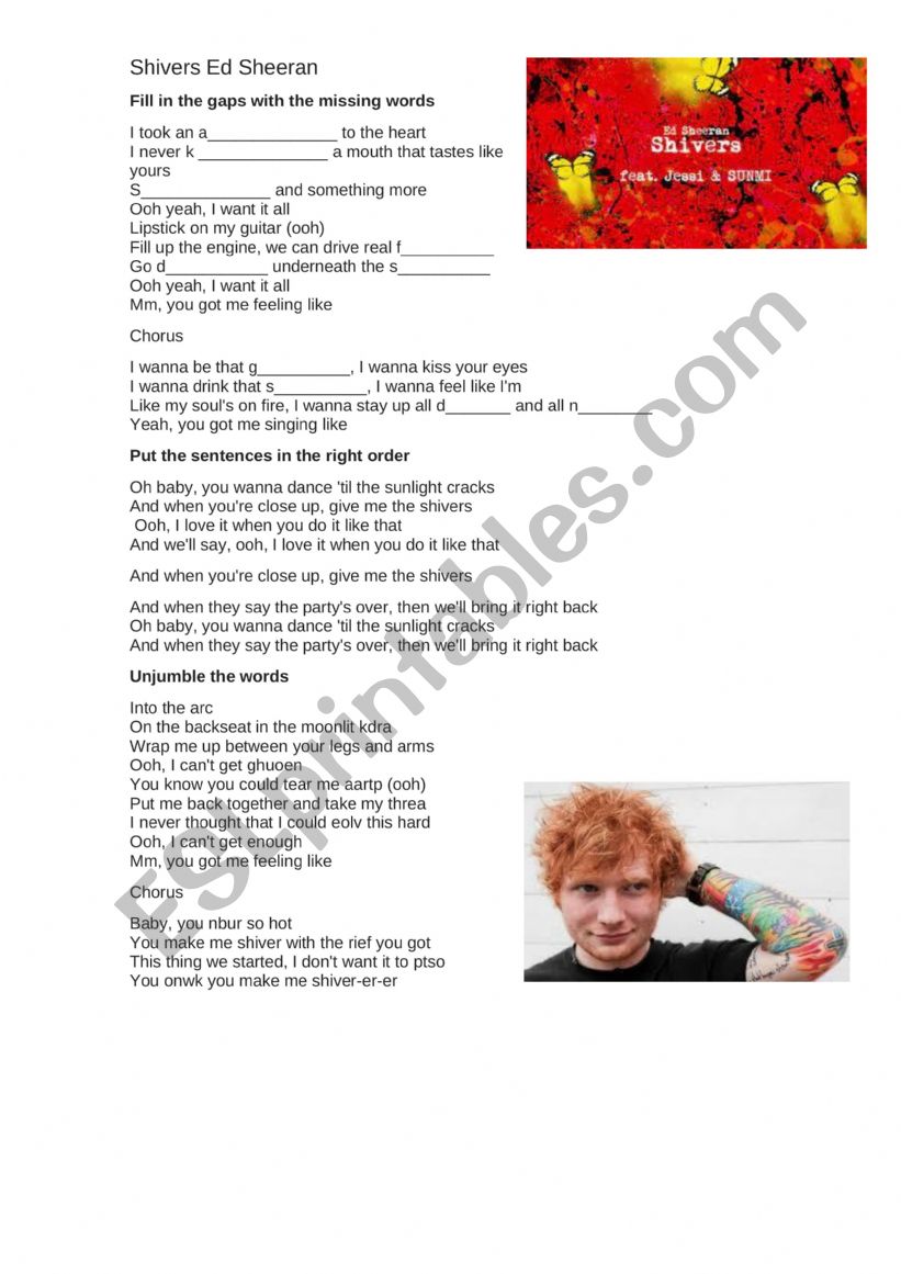 Shivers Ed Sheeran worksheet