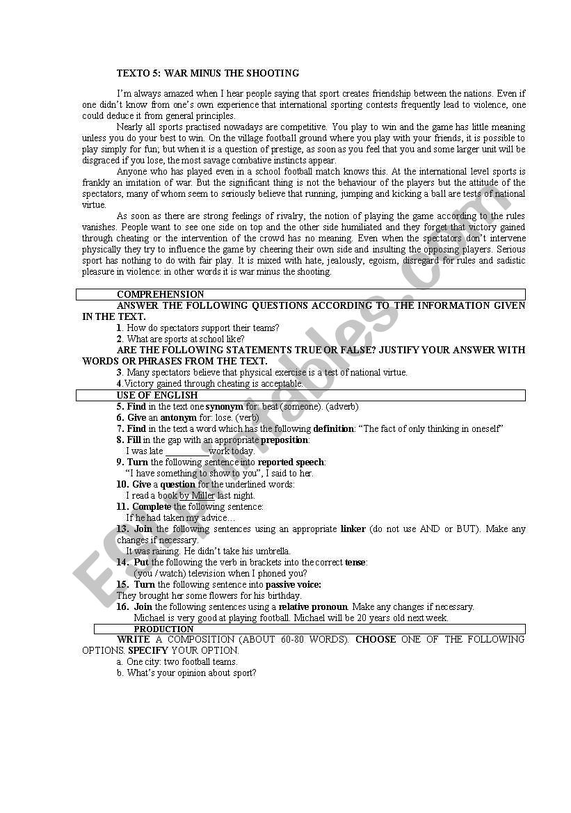 War minus the shooting worksheet