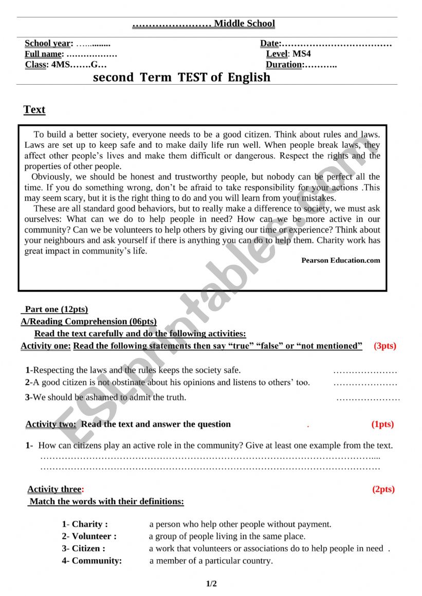 4MS-2nd TERM TEST worksheet