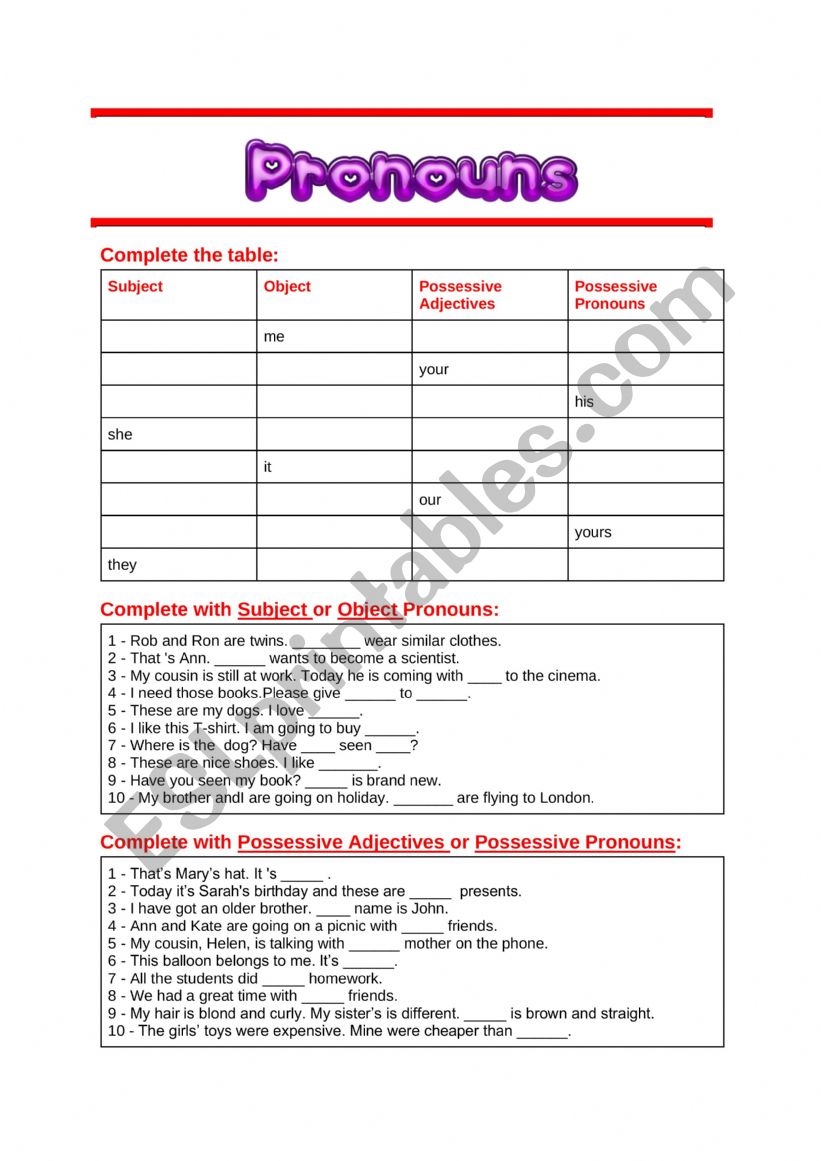 Pronouns - subject, object, possessive adjectives and pronouns