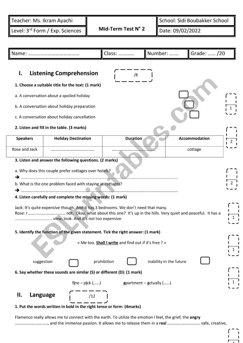 3rd Form - Experimental Sciences - Mid-Term Test n 2
