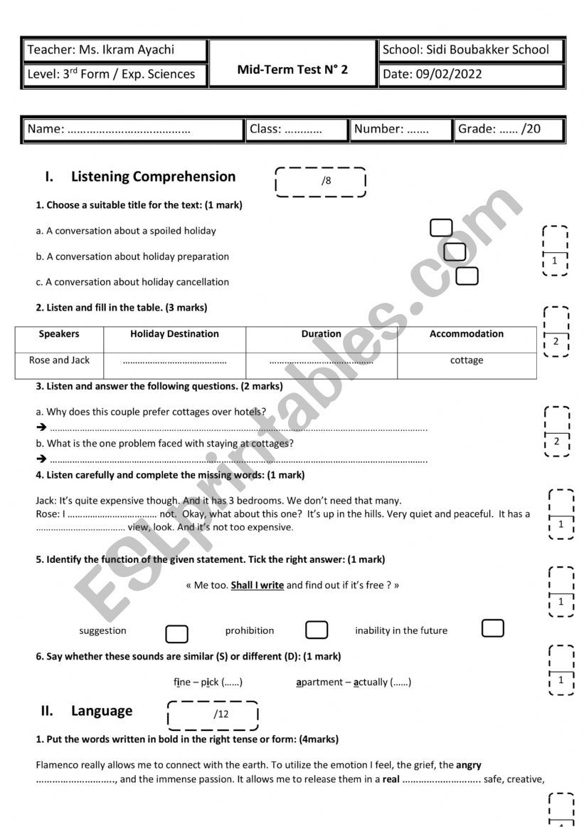 3rd Form - Experimental Sciences - Mid-Term Test n 2