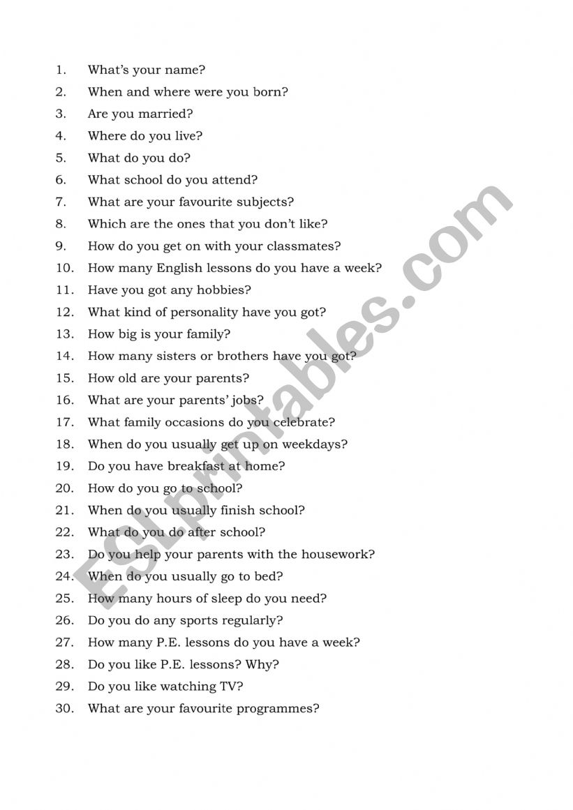 30 questions and answers worksheet