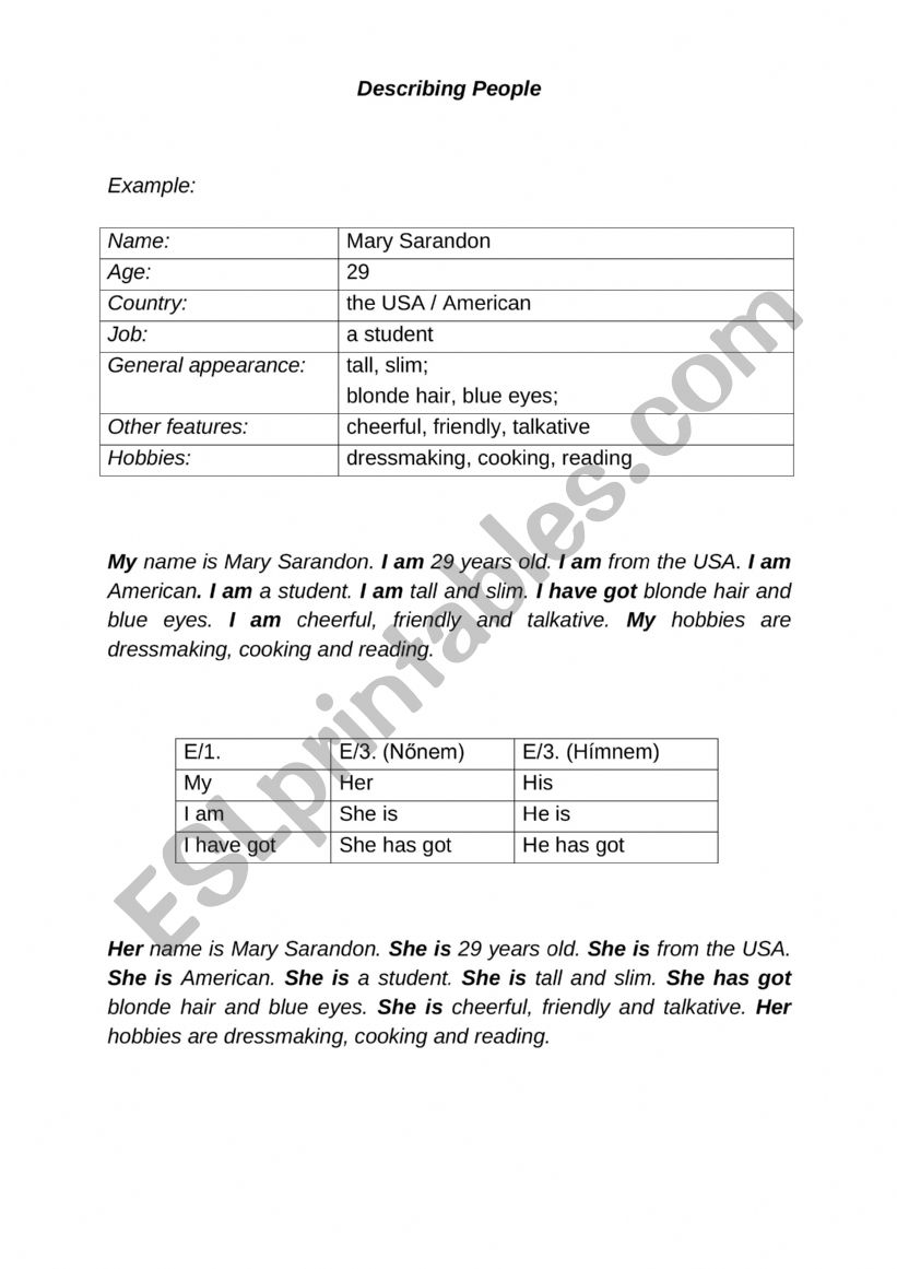 Describing People worksheet