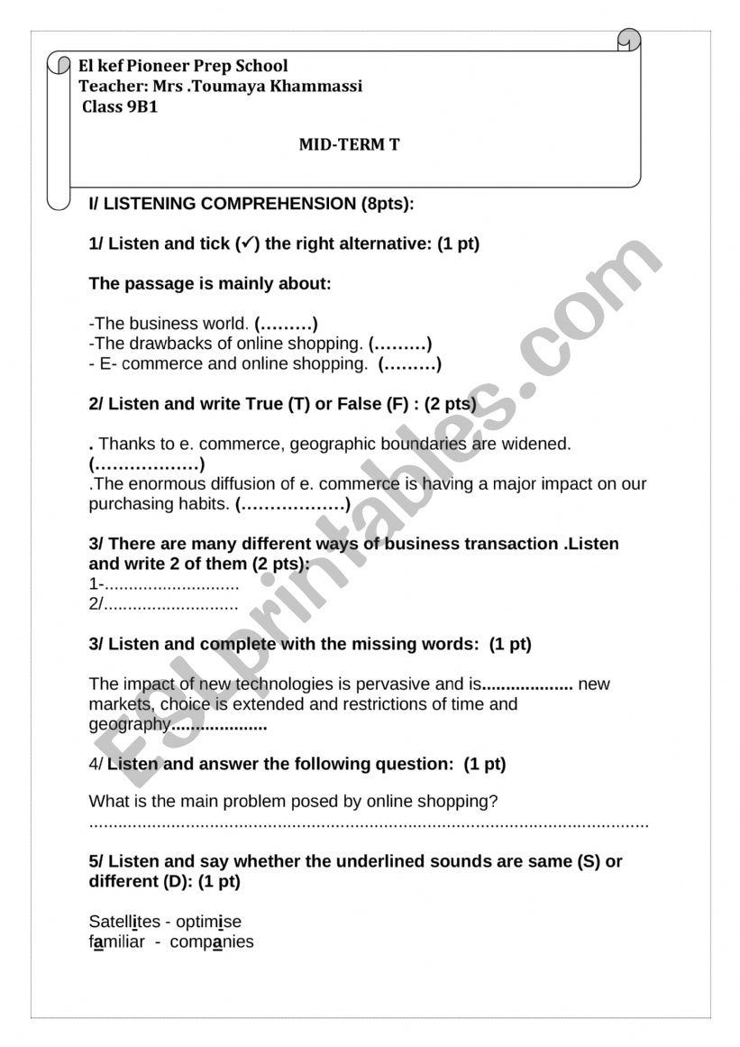 Mid Term test 2 / 9th form worksheet