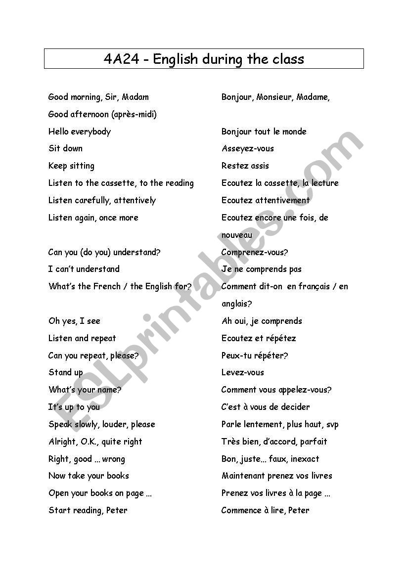 English in the classroom worksheet