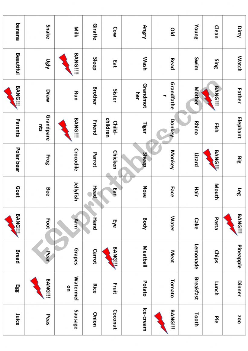 Bang Game worksheet