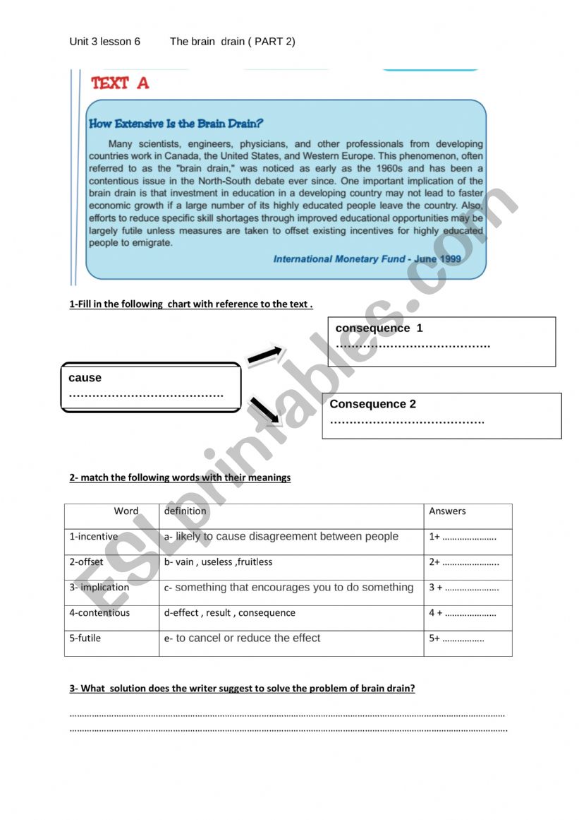 brain drain bac worksheet