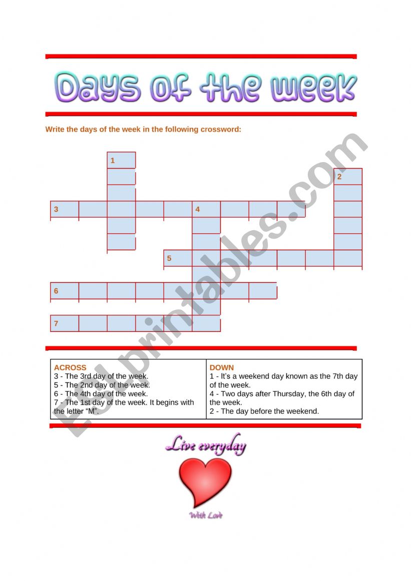 Crossword: days of the week worksheet
