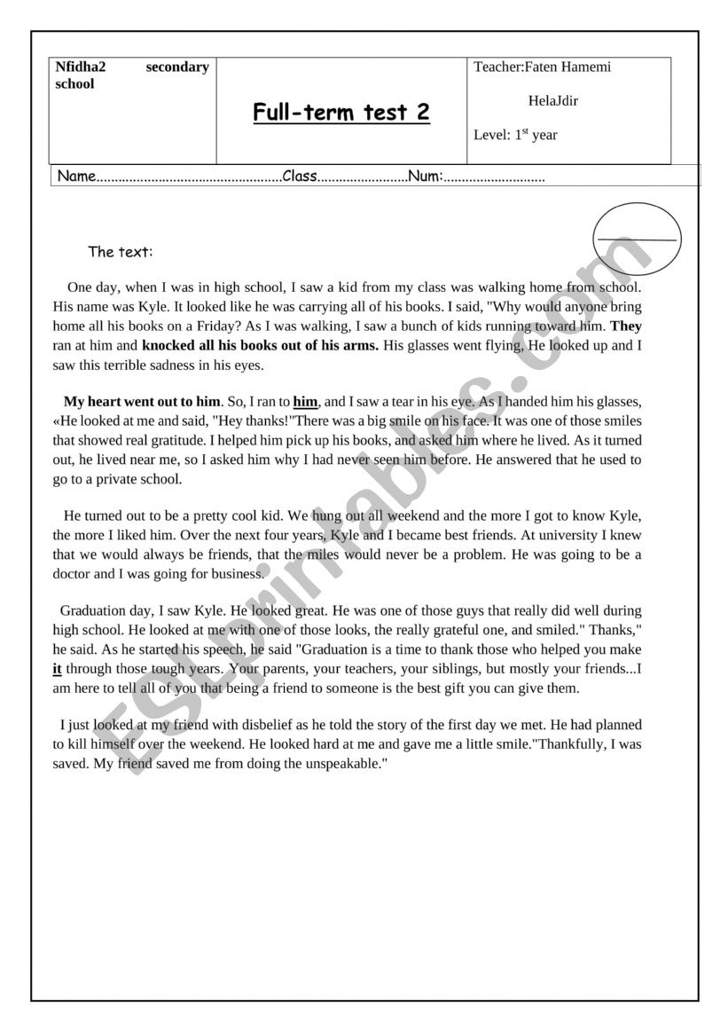 mid-term test 2 first form worksheet