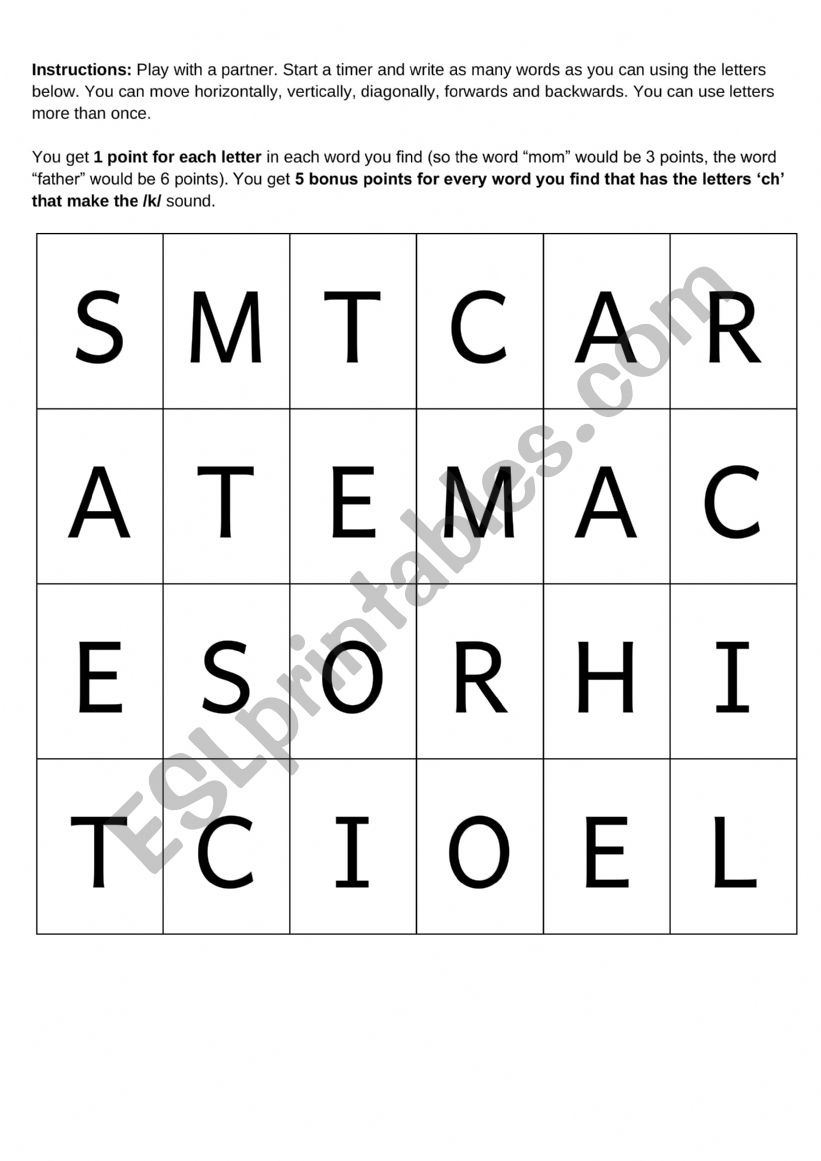 CH for the �k� sound Boggle Game