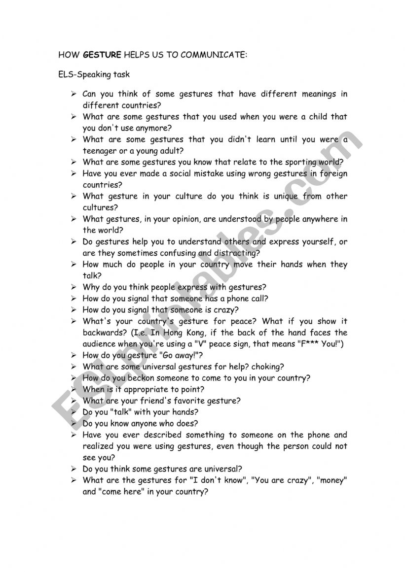 Gestures & Communication worksheet