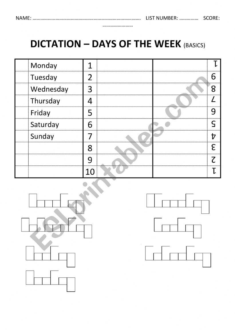 Word Shapes Dictation Worksheet (DAYS OF THE WEEK)