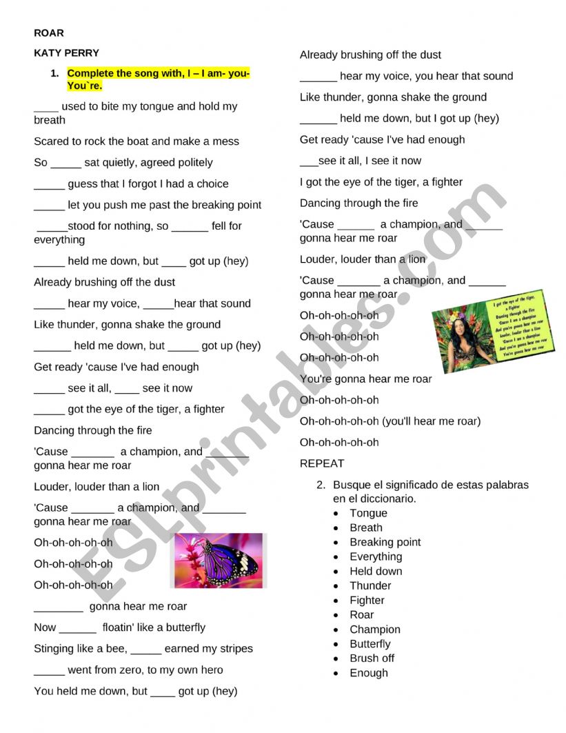 ROAR KATTY PERRY SONG worksheet