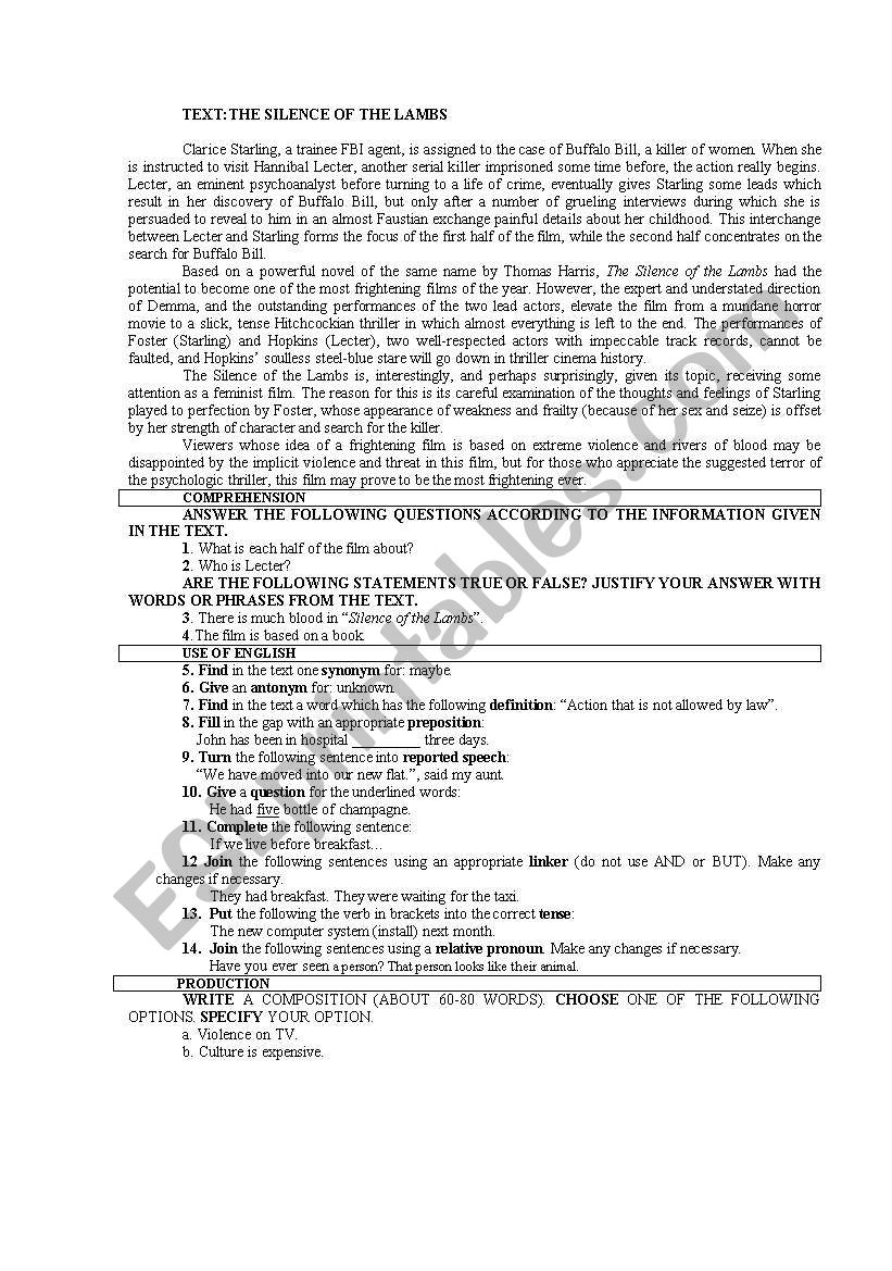 The silence of the lambs worksheet