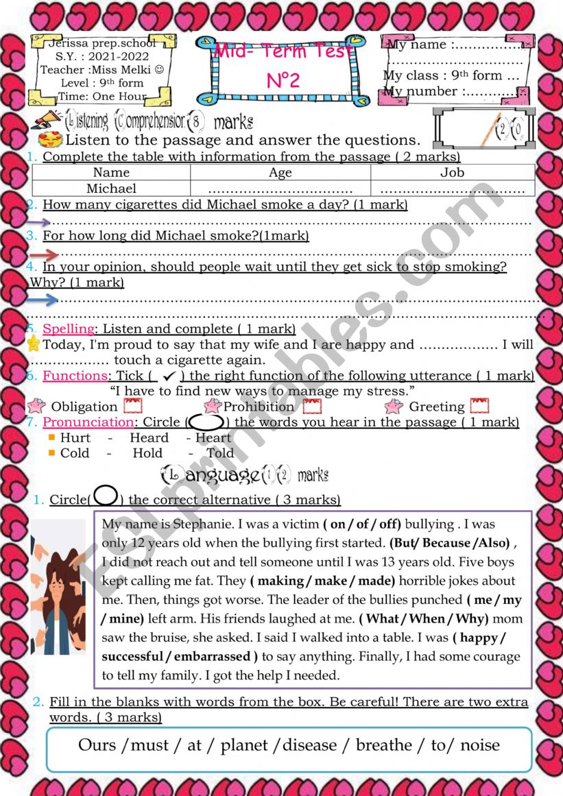 9th form mid term test 2 worksheet