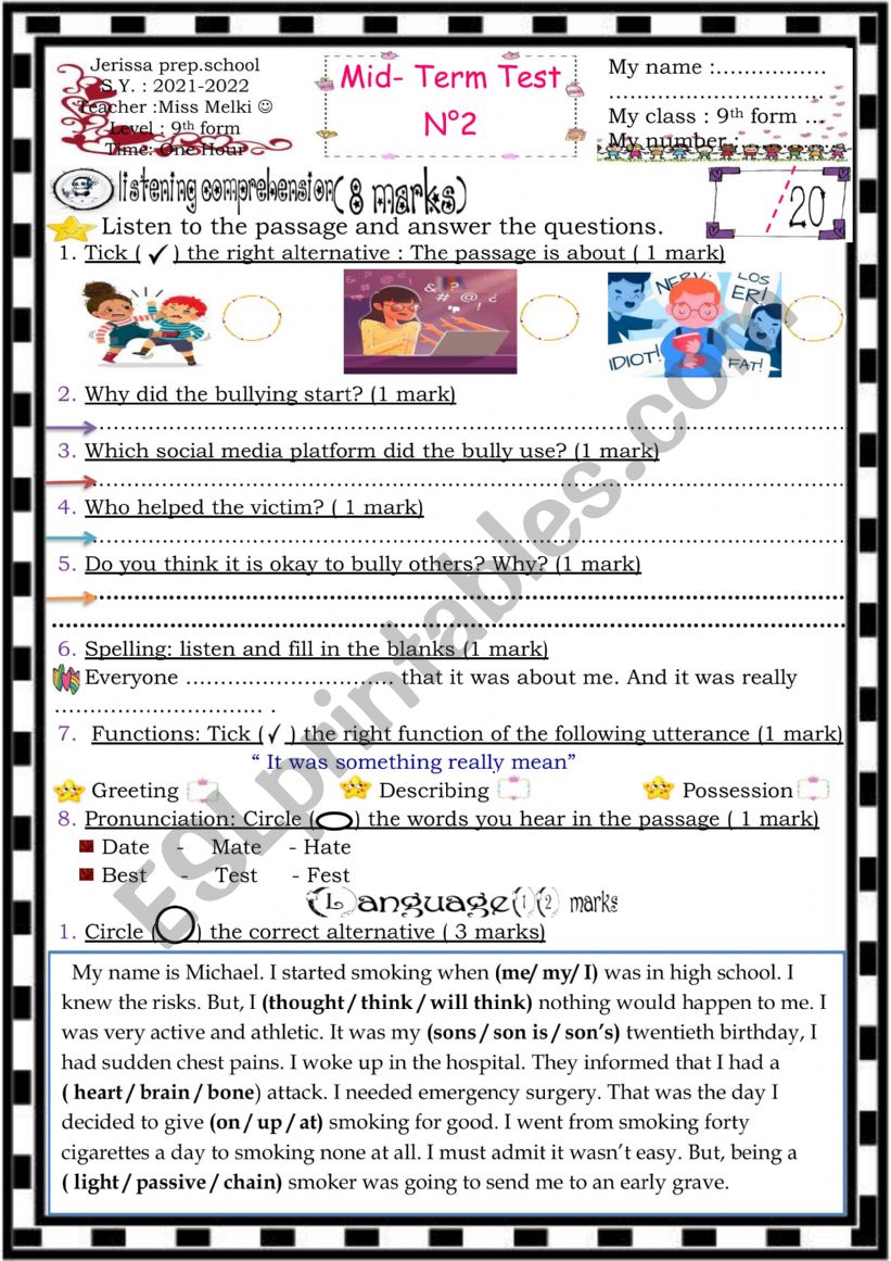 9th form test n2 worksheet