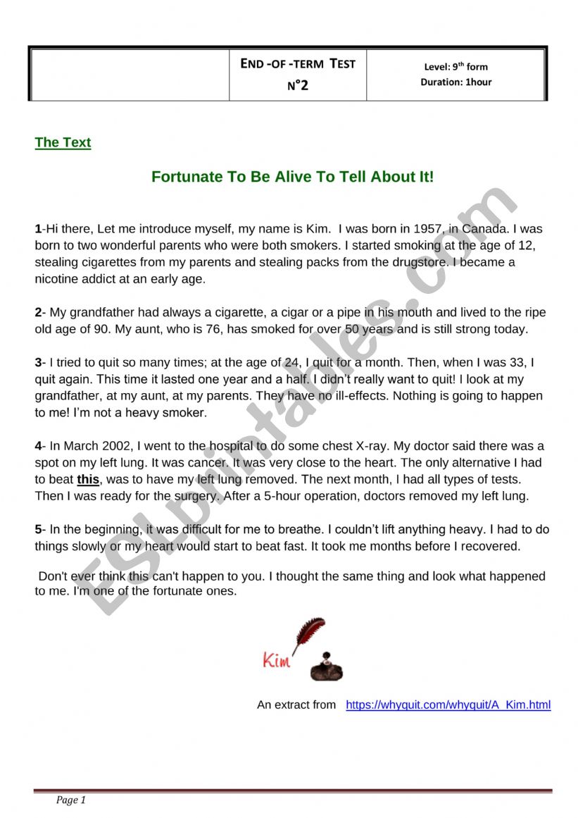 9th form End of term test 2 worksheet