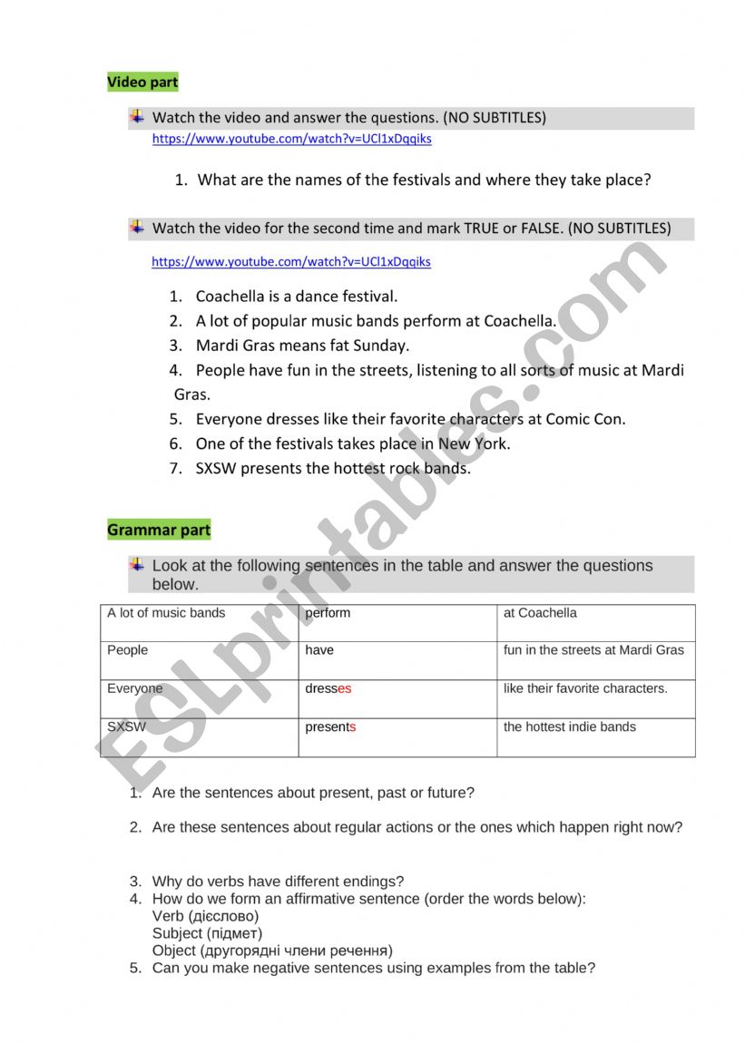 Present Simple (talking about American Festivals) Level A2 