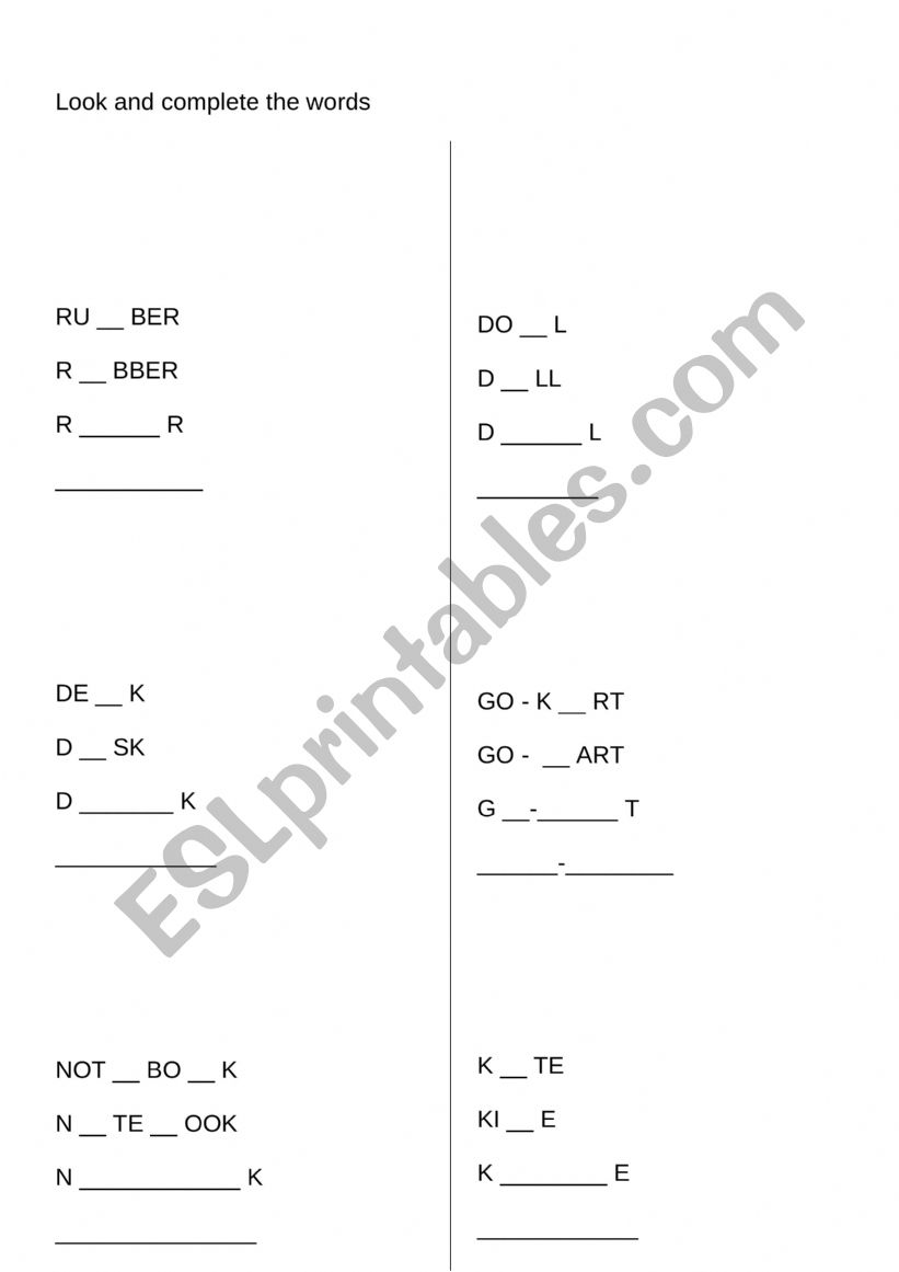 complete the words worksheet