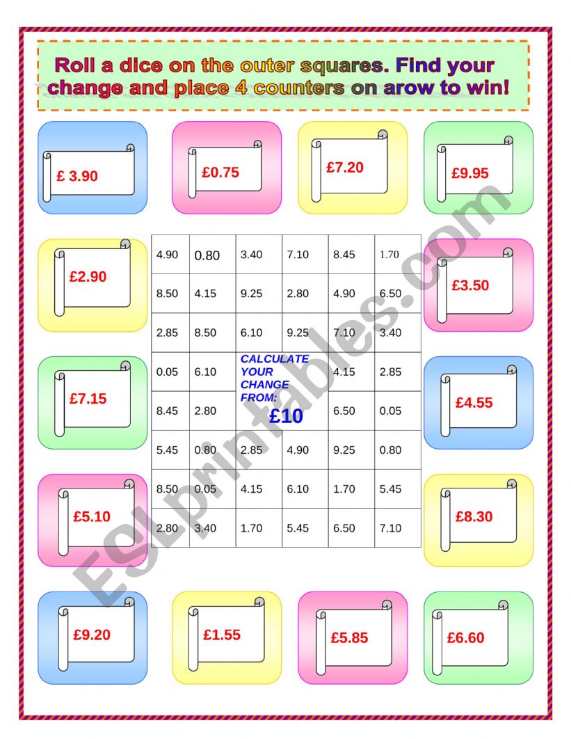 FIND YOUR CHANGE   BOARD GAME worksheet