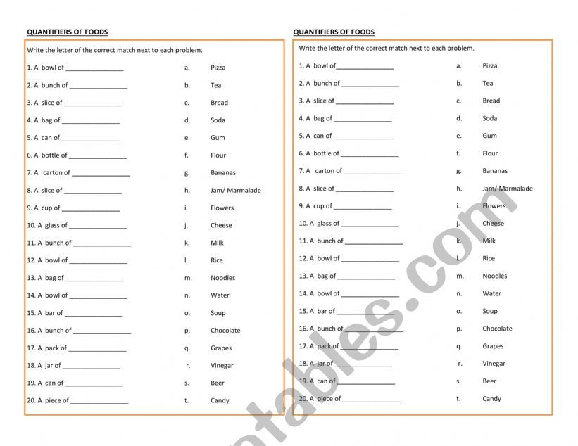 food quantifiers worksheet
