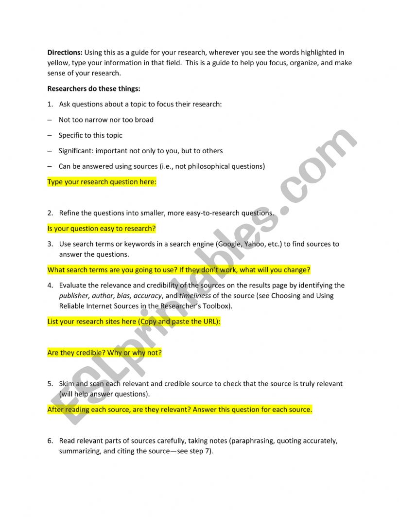 Research Question Guide worksheet