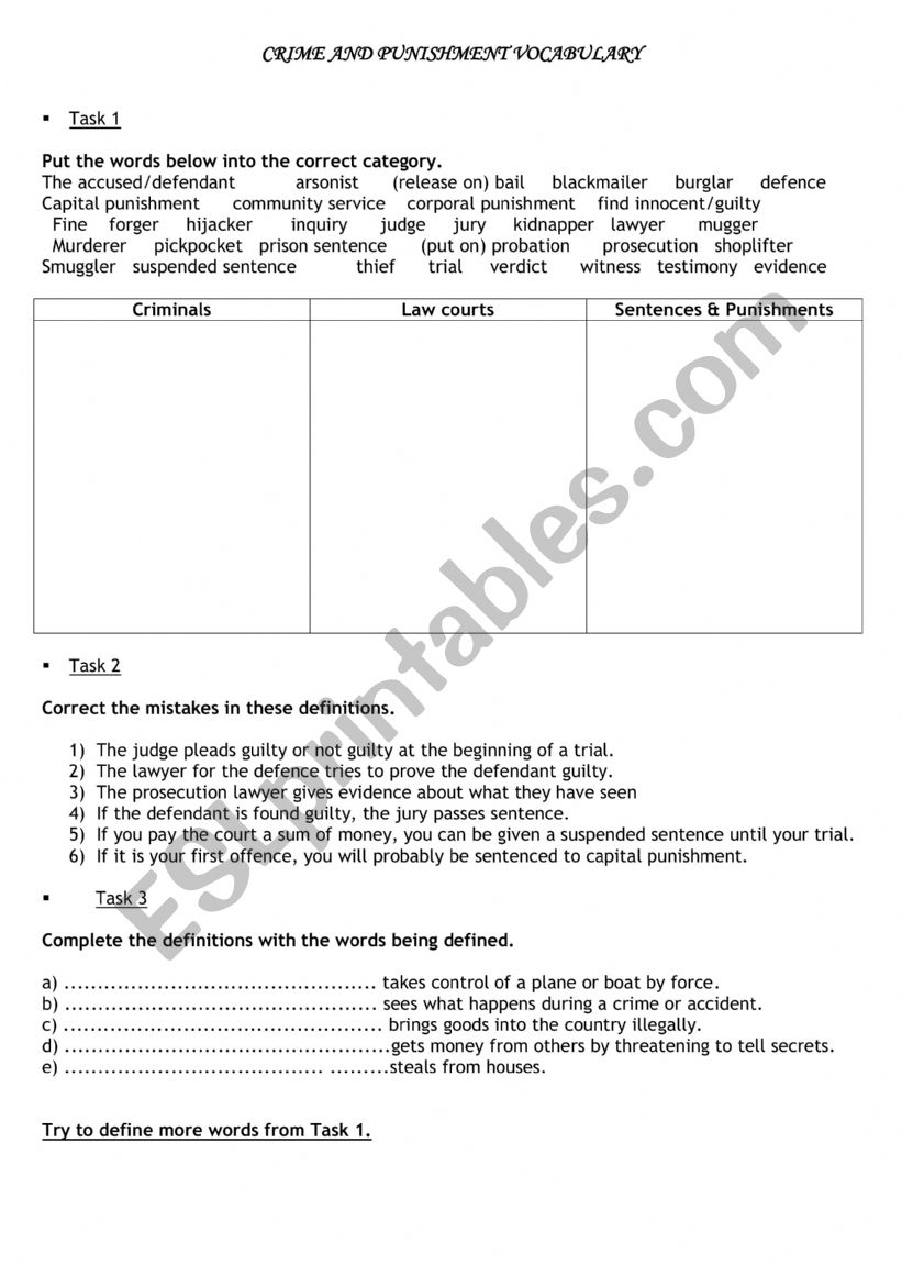 Crimes and Punishment  worksheet