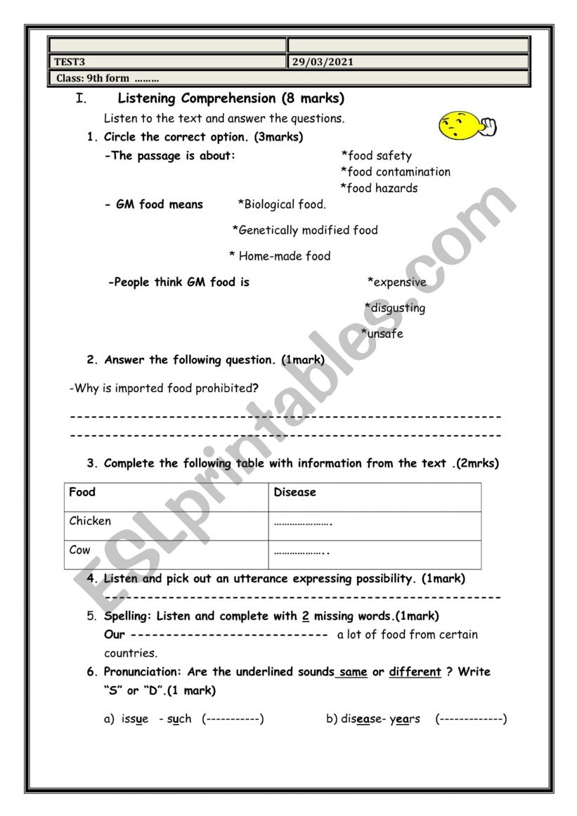 Mid Term 2 Test 9th form worksheet