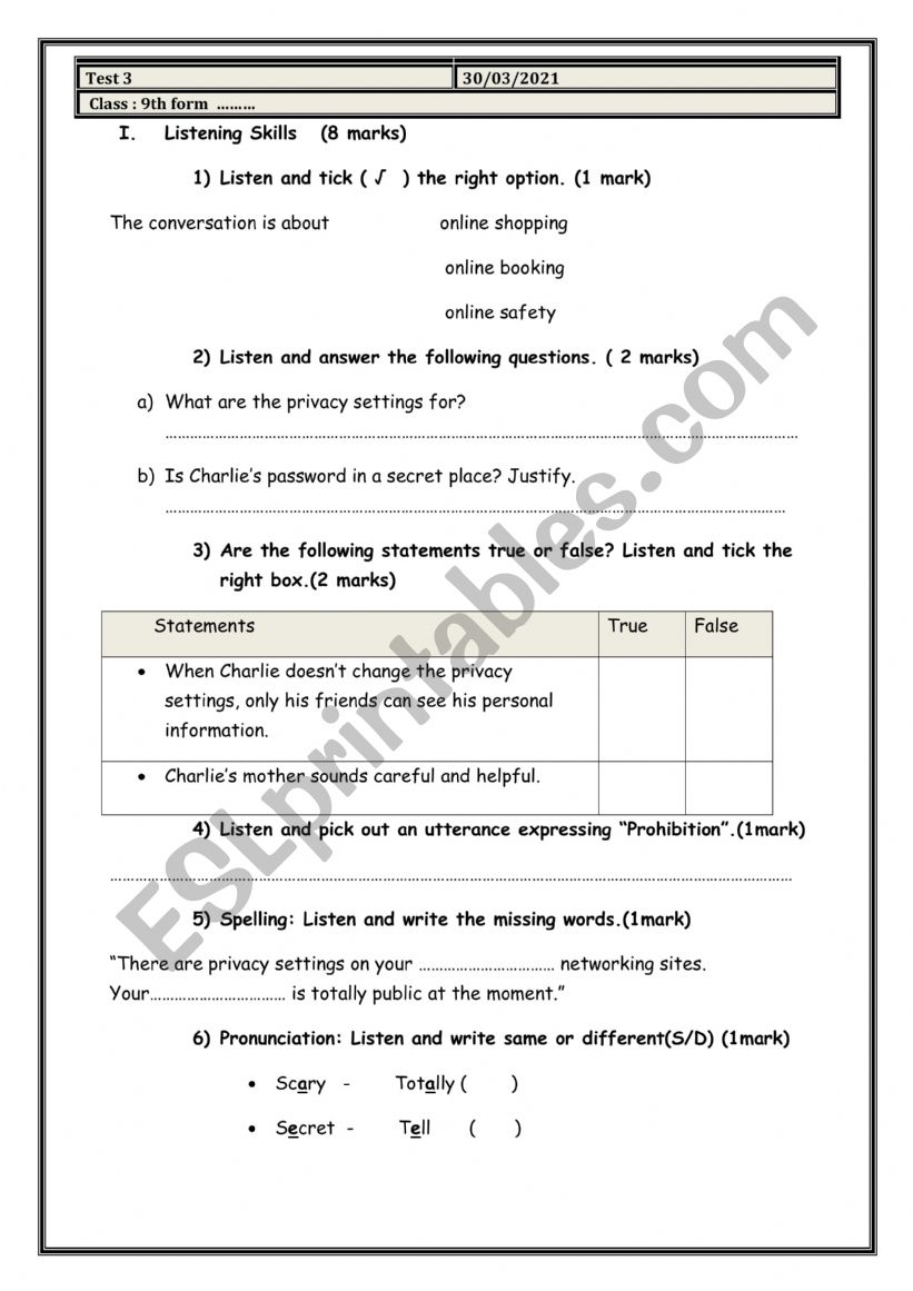 Test NÂ°3 9th form worksheet