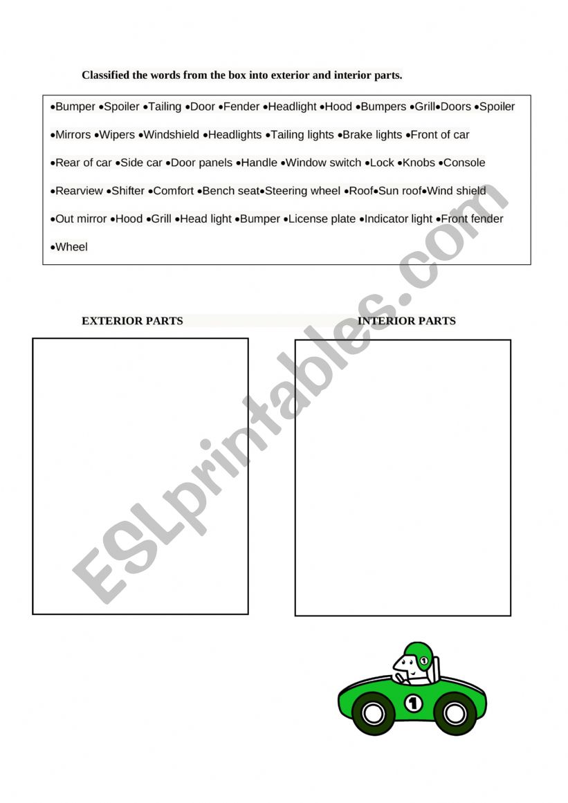 Exterior and Interior parts of a car