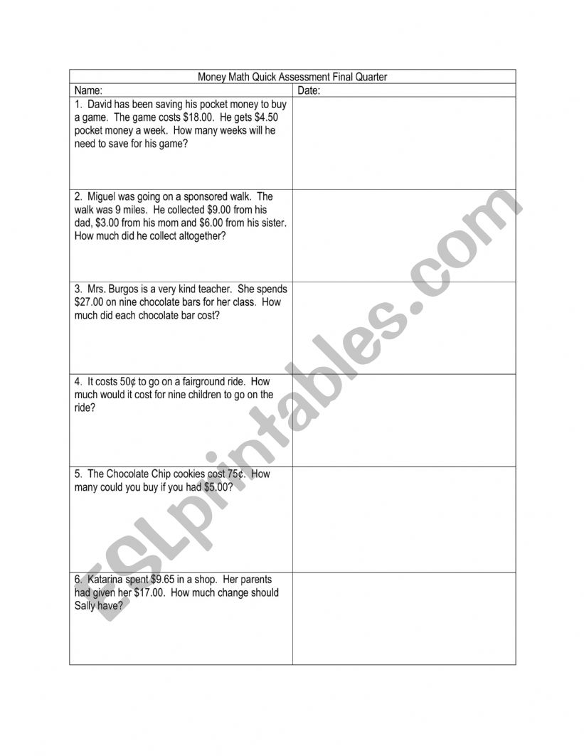 Money Math Quick Assessment worksheet