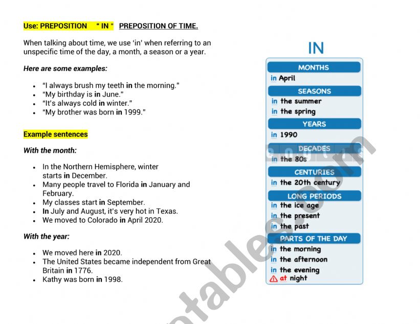 IN PREPOSITION worksheet