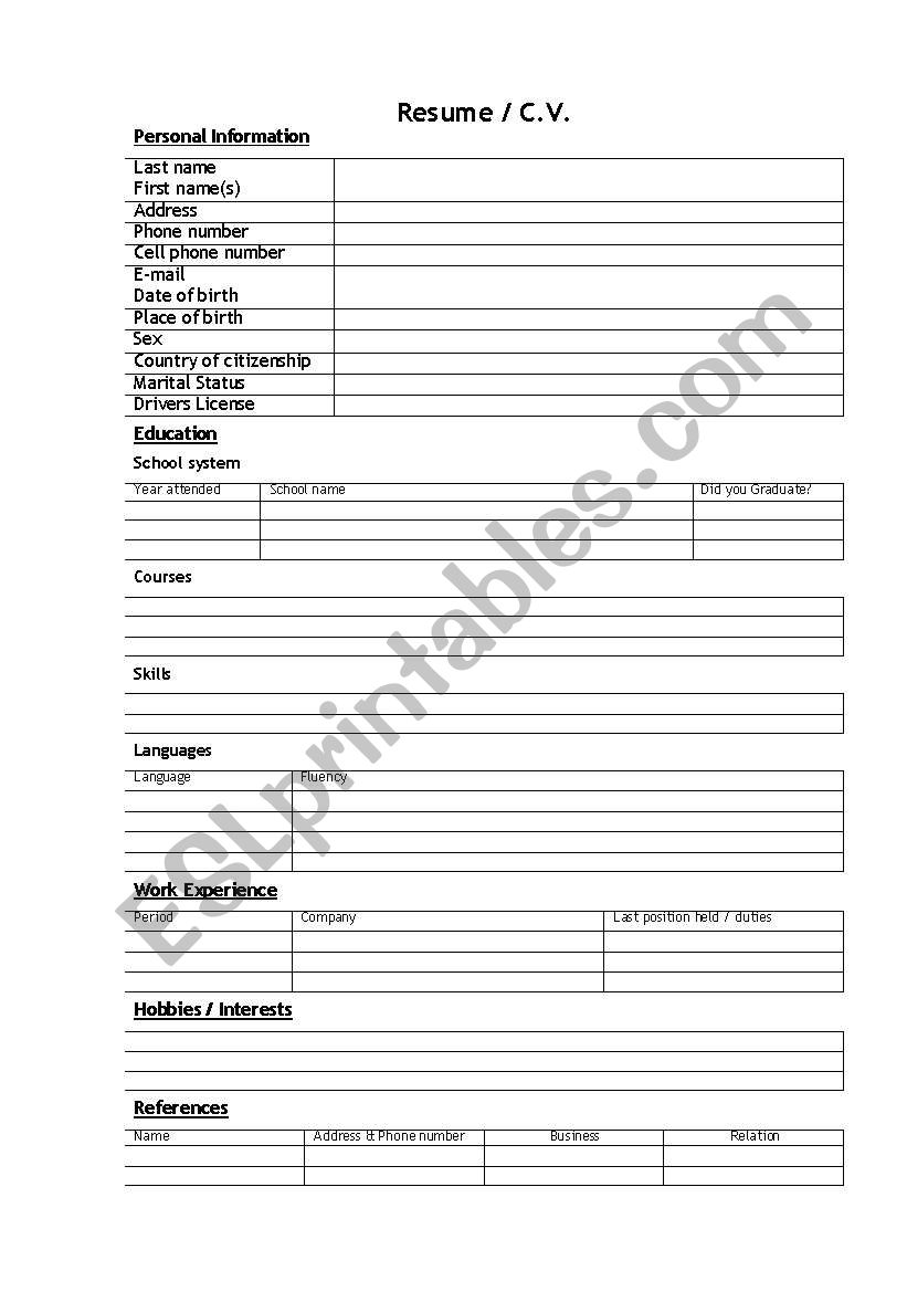 CV / Resume (blanc) form - ESL worksheet by ruud.castelijns@leijgraaf.nl