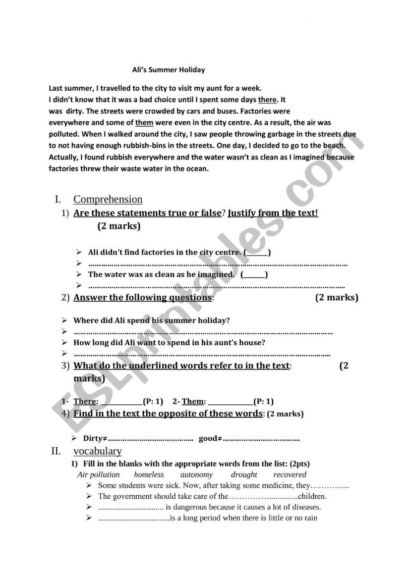 Ali�s summer holiday worksheet