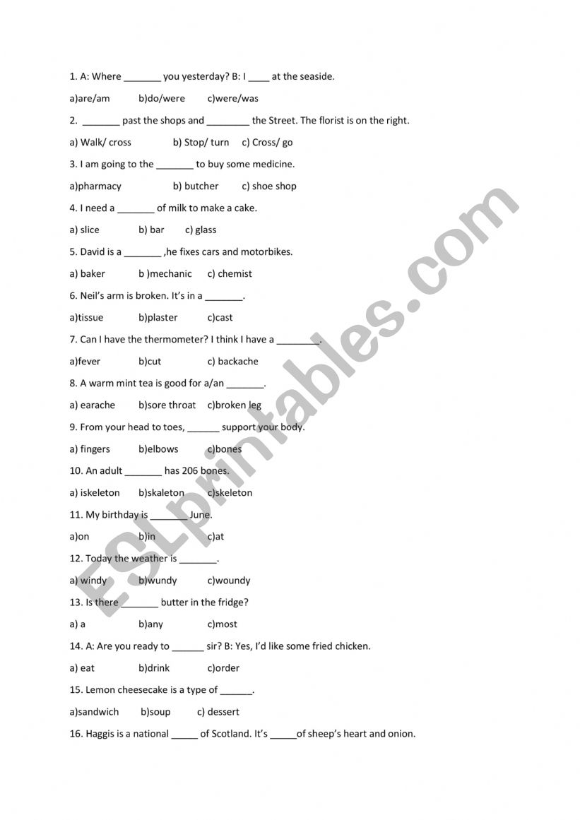  A2 level test worksheet
