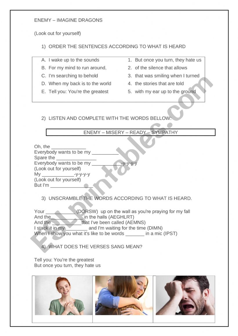 SONG Enemy by Imagine Dragons - ESL worksheet by mariasocorro.paiva