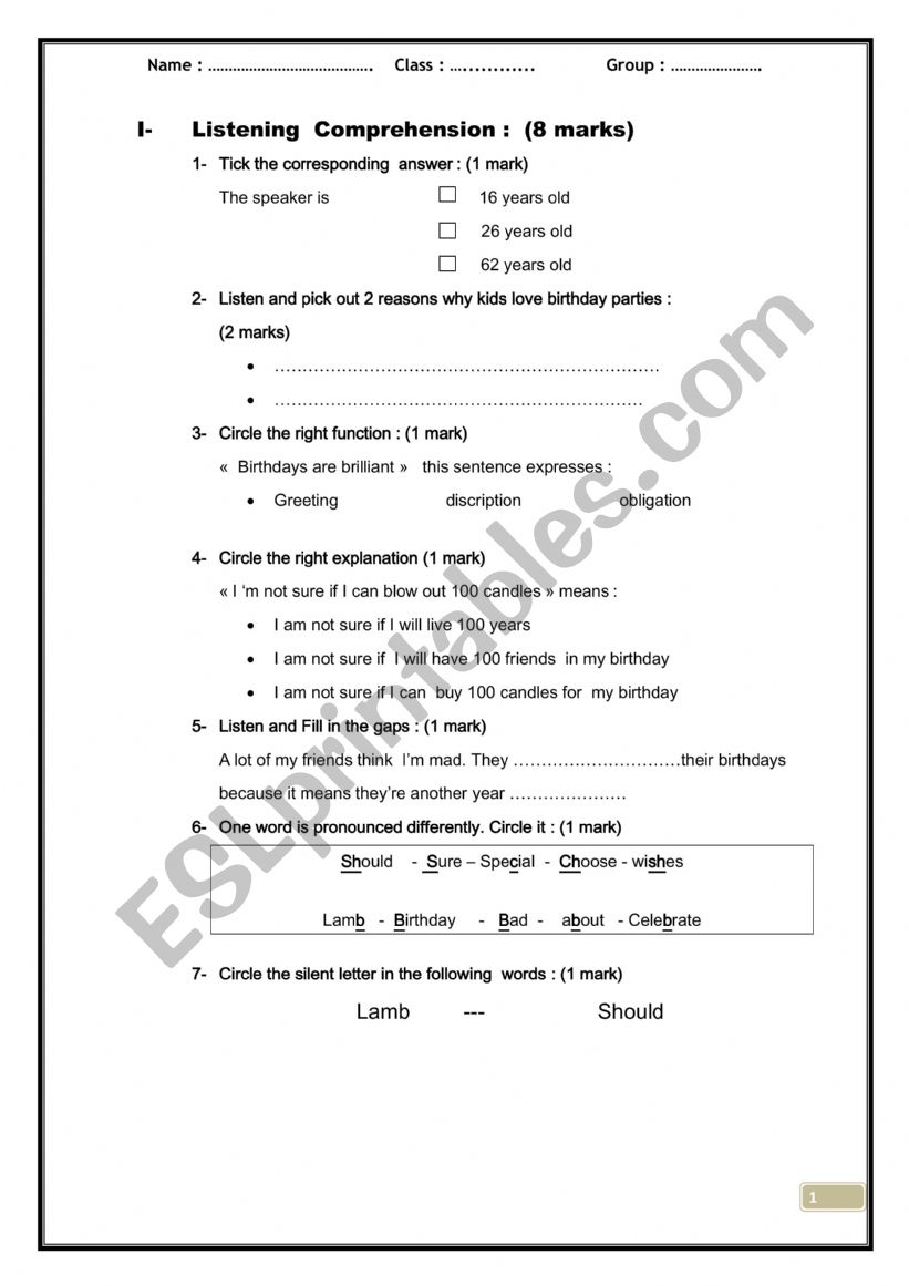 Mid term test N2 8th Form worksheet
