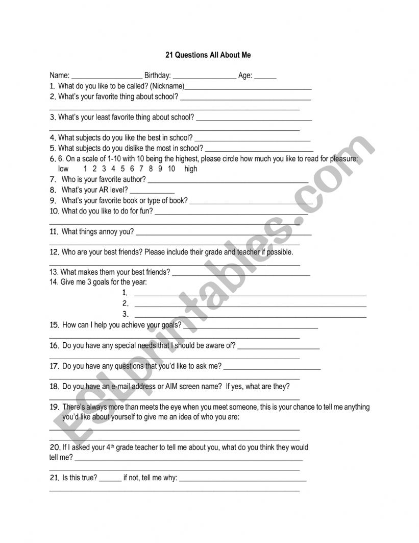 21 Questions All About Me worksheet