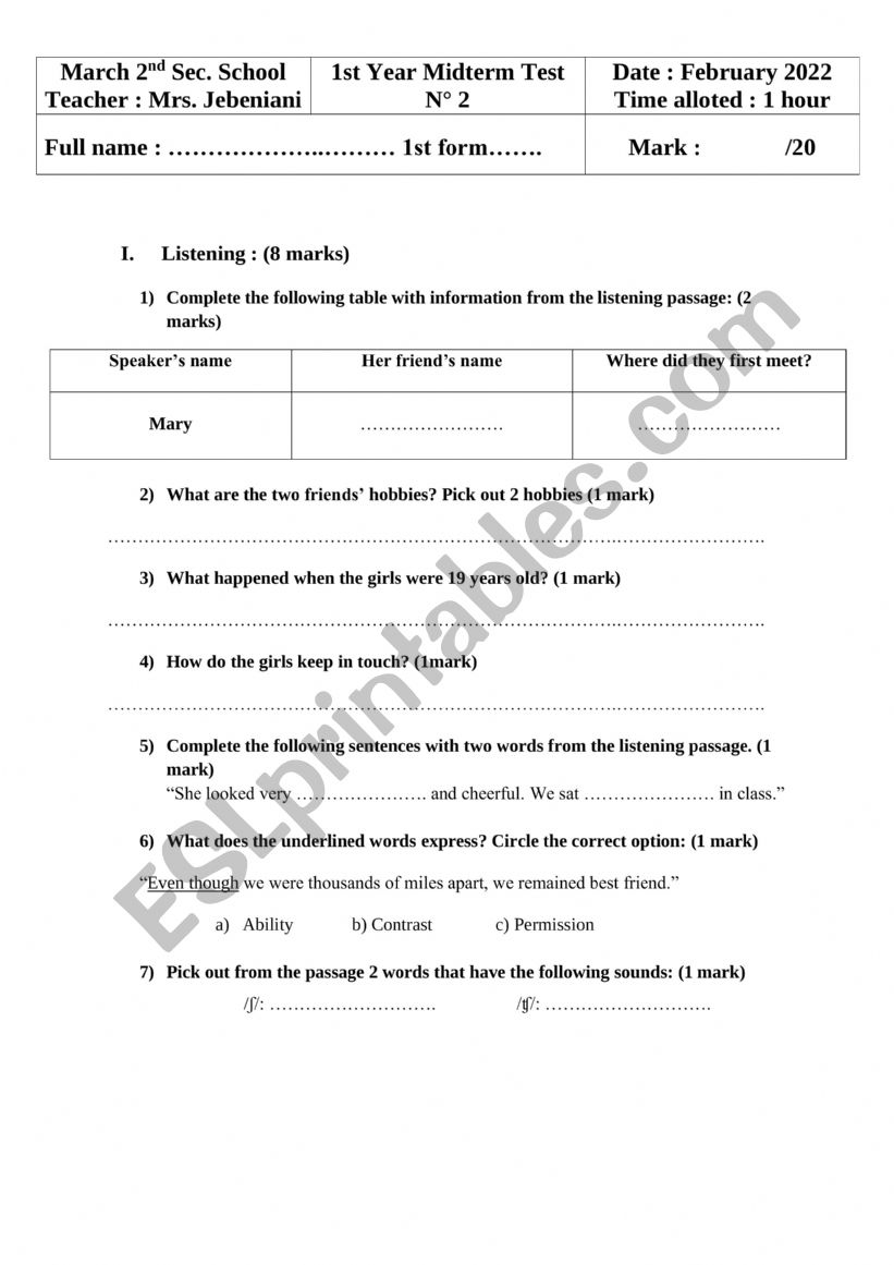 1st year midterm test 2 worksheet